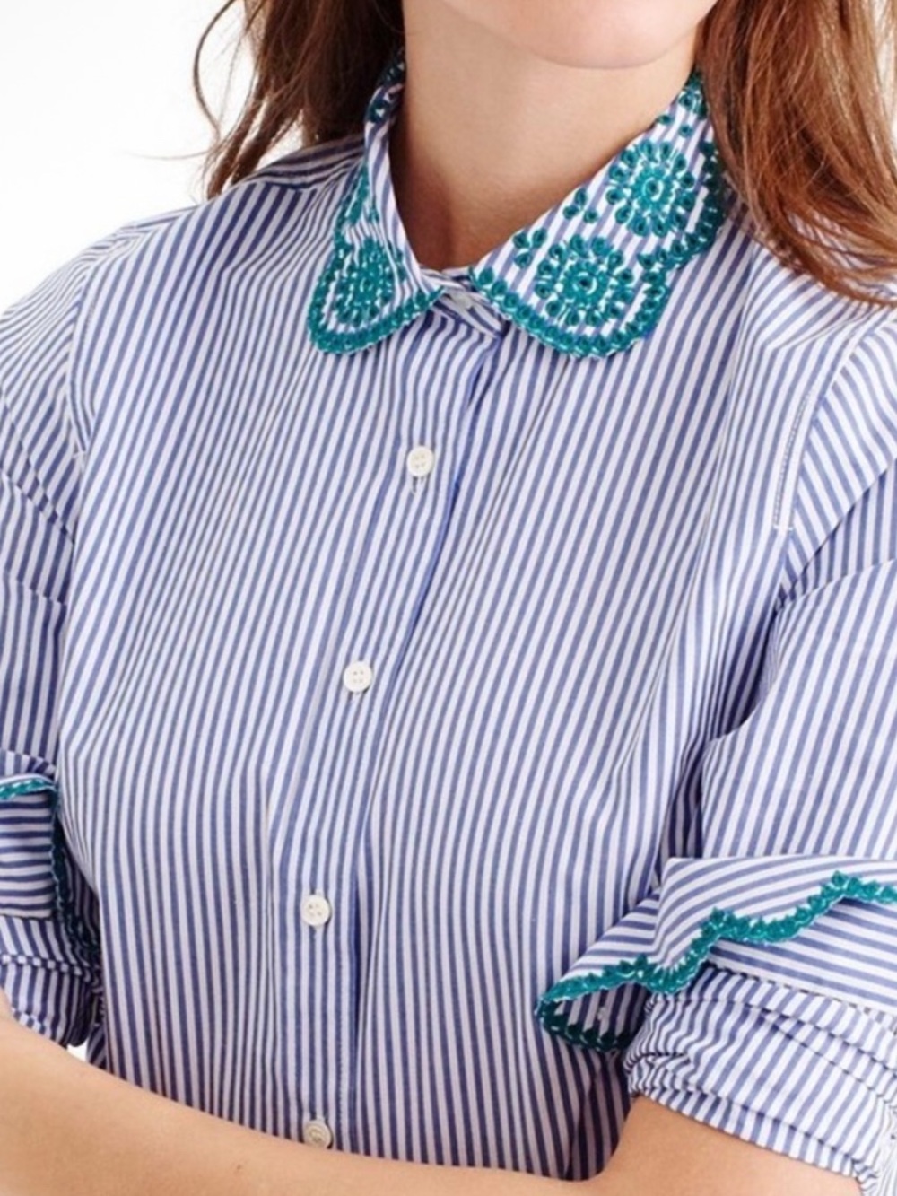 J Crew Striped Button-Up Shirt with Green Embroidered Collar